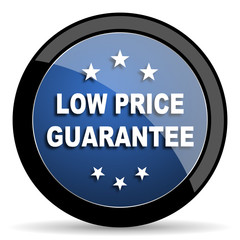 low price guarantee blue circle glossy web icon on white background, round button for internet and mobile app