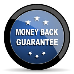 money back guarantee blue circle glossy web icon on white background, round button for internet and mobile app