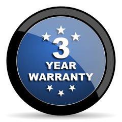 warranty guarantee 3 year blue circle glossy web icon on white background, round button for internet and mobile app