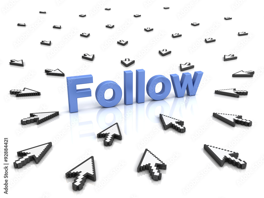 Aufkleber Follow concept many arrow cursors mouse clicking follow button or link on isolated white background with reflection