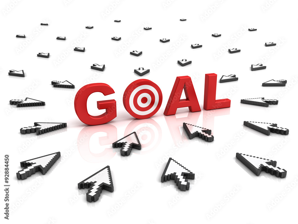 Aufkleber Many arrow cursors mouse aiming to goal target or dart board isolated on white background with reflection
