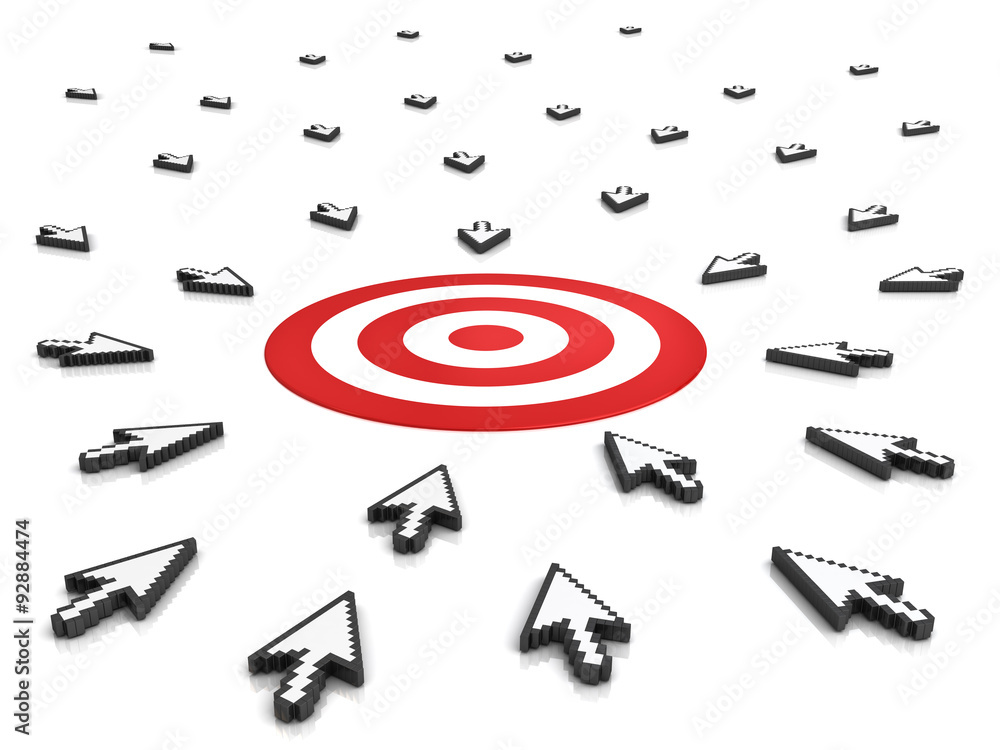 Aufkleber Many arrow cursors mouse aiming to target or dart board isolated on white background with reflection