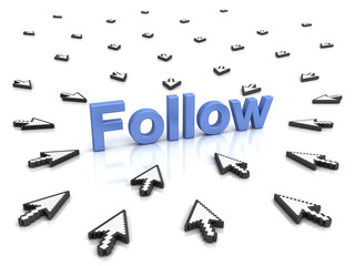 Follow concept many arrow cursors mouse clicking follow button or link on isolated white background with reflection