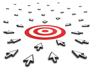 Fototapeta premium Many arrow cursors mouse aiming to target or dart board isolated on white background with reflection