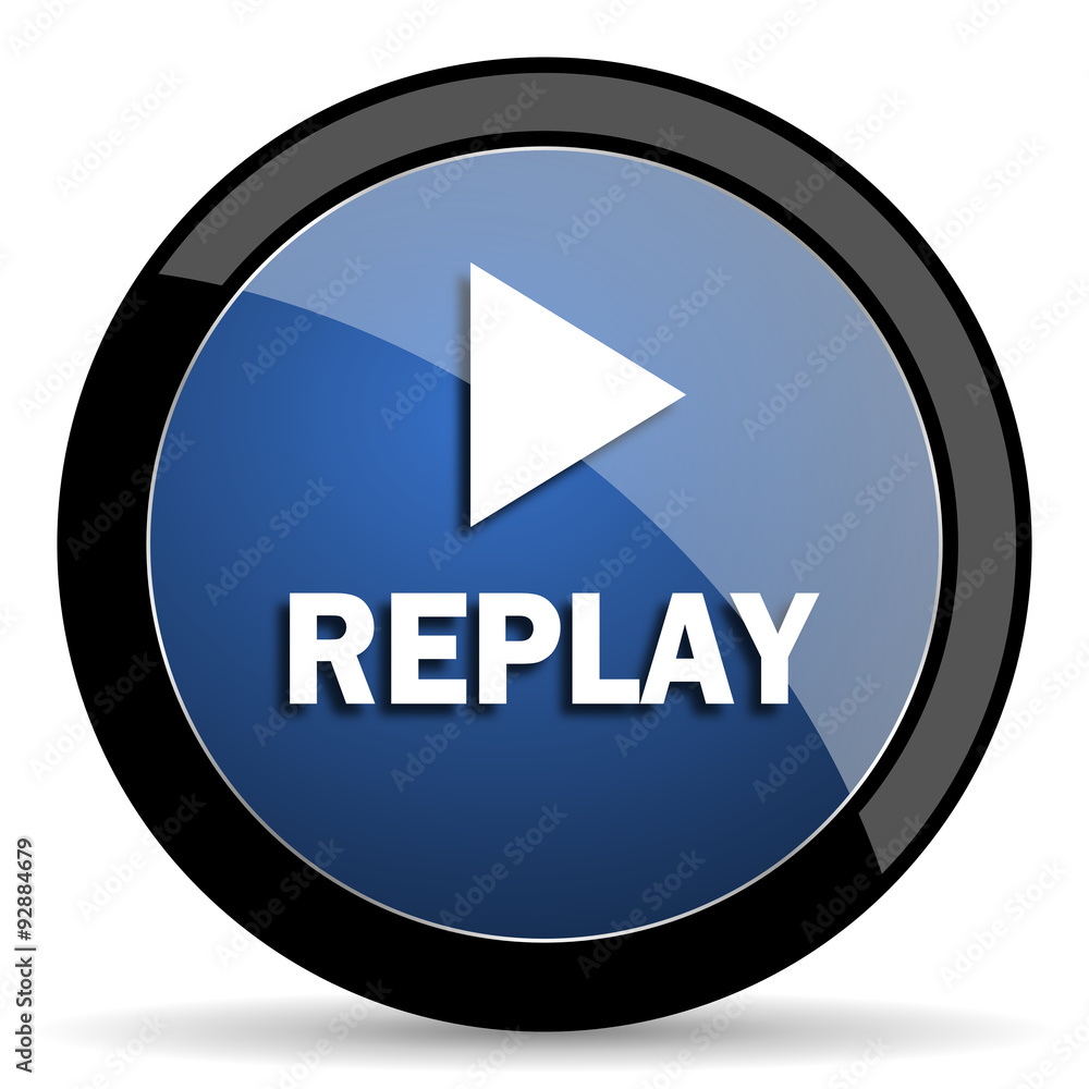 Poster replay blue circle glossy web icon on white background, round button for internet and mobile app