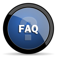 faq blue circle glossy web icon on white background, round button for internet and mobile app