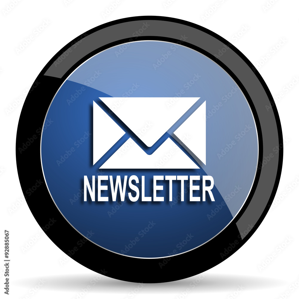 Poster newsletter blue circle glossy web icon on white background, round button for internet and mobile app