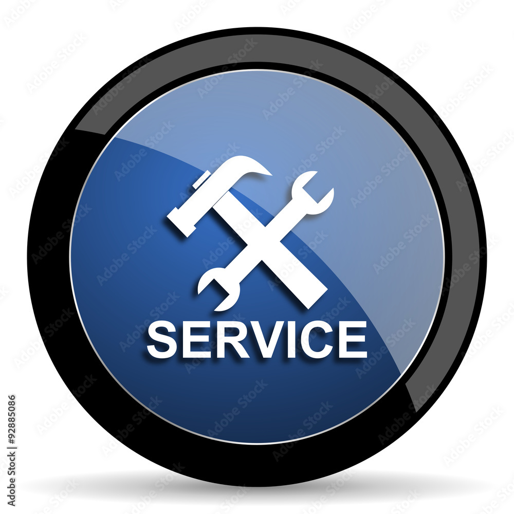 Poster service blue circle glossy web icon on white background, round button for internet and mobile app