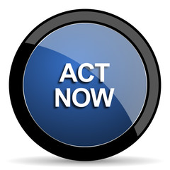act now blue circle glossy web icon on white background, round button for internet and mobile app