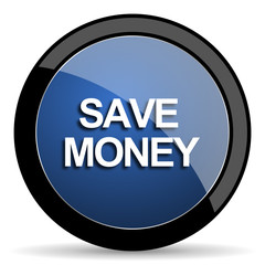 save money blue circle glossy web icon on white background, round button for internet and mobile app