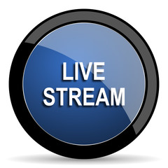 live stream blue circle glossy web icon on white background, round button for internet and mobile app