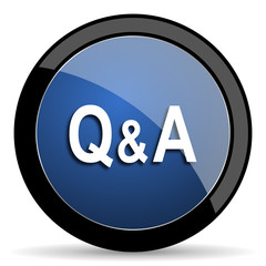 question answer blue circle glossy web icon on white background, round button for internet and mobile app