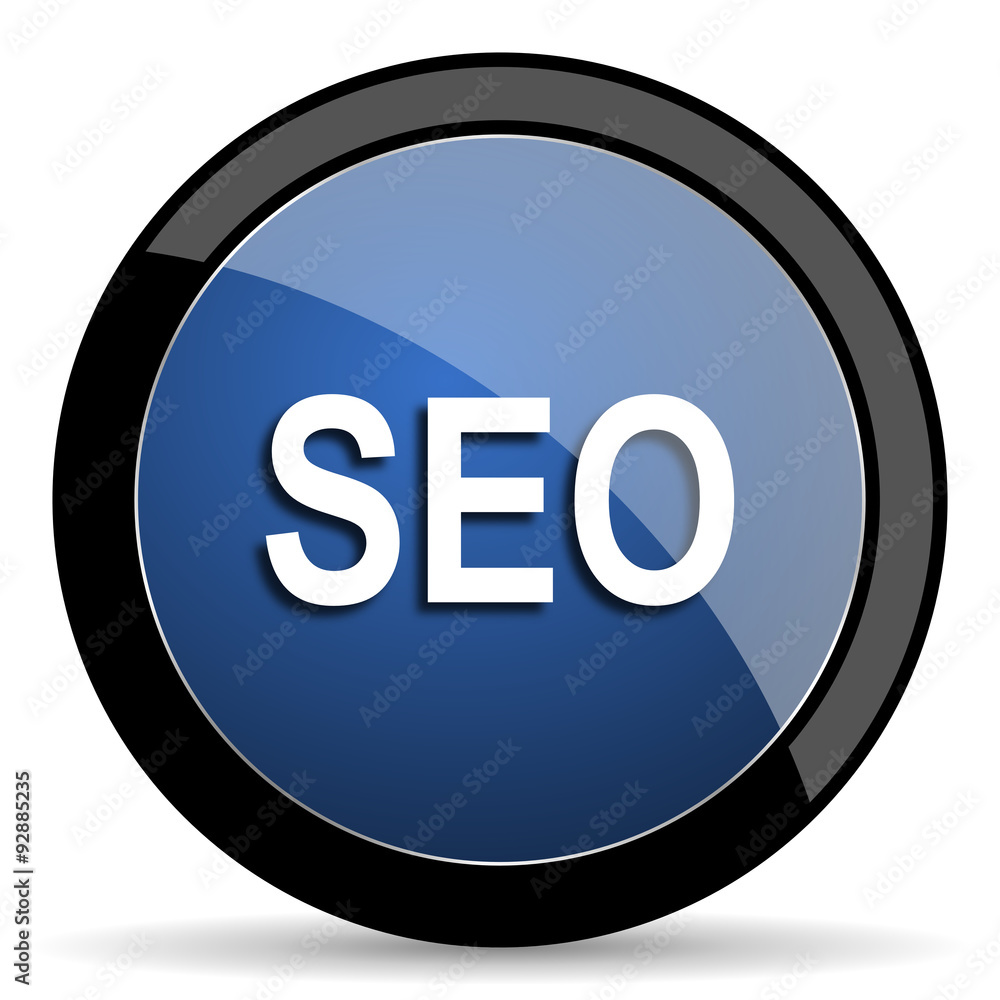 Poster seo blue circle glossy web icon on white background, round button for internet and mobile app