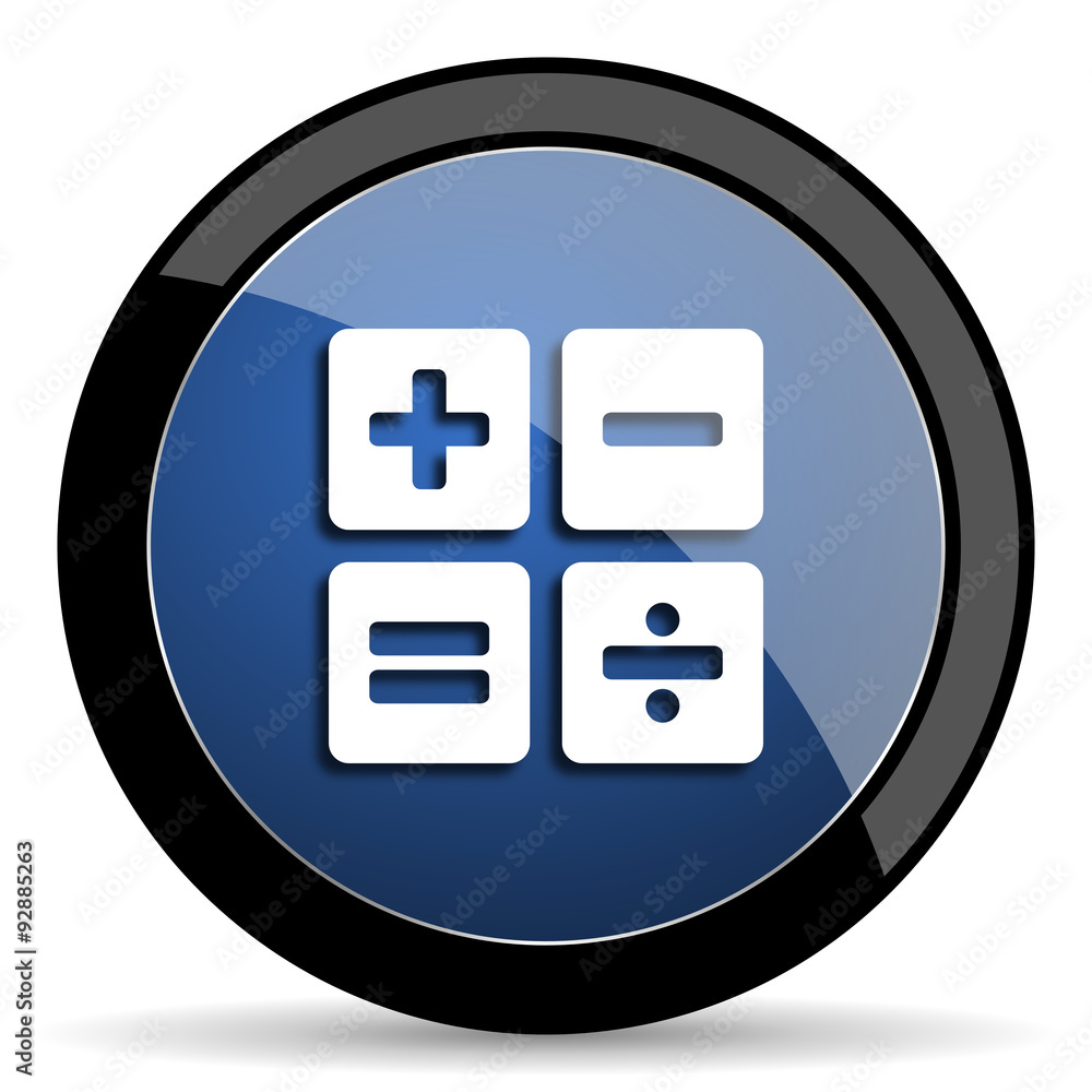 Poster calculator blue circle glossy web icon on white background, round button for internet and mobile app