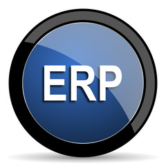 erp blue circle glossy web icon on white background, round button for internet and mobile app