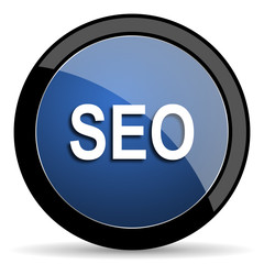 seo blue circle glossy web icon on white background, round button for internet and mobile app