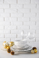 Decorated Christmas table setting. Christmas menu concept