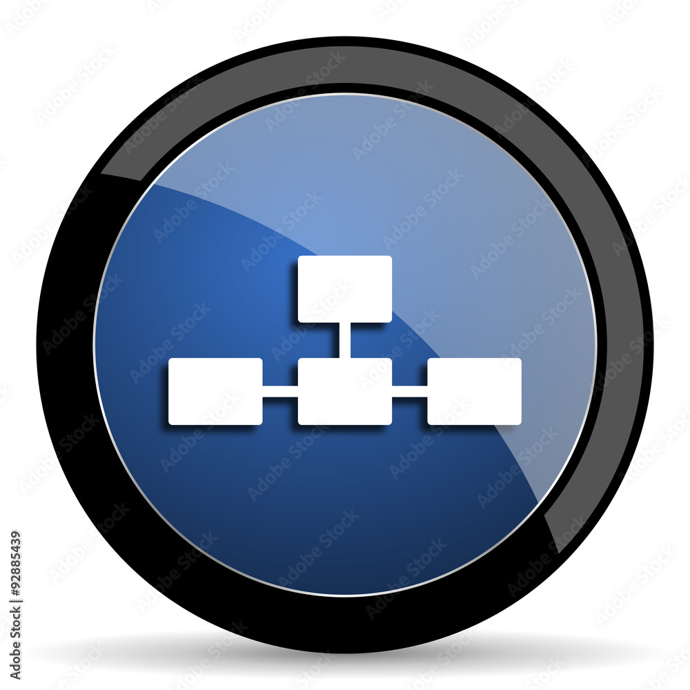 Poster database blue circle glossy web icon on white background, round button for internet and mobile app