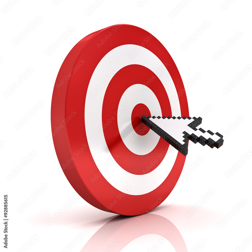 Aufkleber Arrow cursor clicking in the center of the red dart board or target isolated over white background