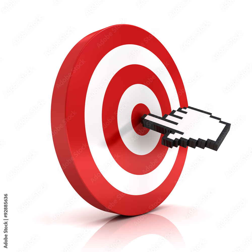 Aufkleber Hand cursor clicking in the center of the red dart board or target isolated over white background