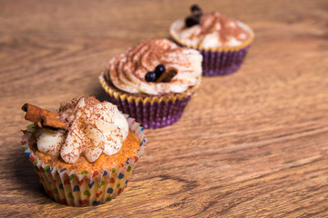 tasty colorful cupcakes with butter cream and cinnamon