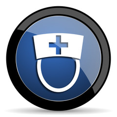 nurse blue circle glossy web icon on white background, round button for internet and mobile app
