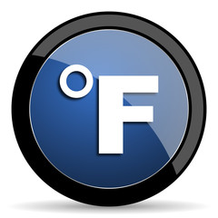 fahrenheit blue circle glossy web icon on white background, round button for internet and mobile app