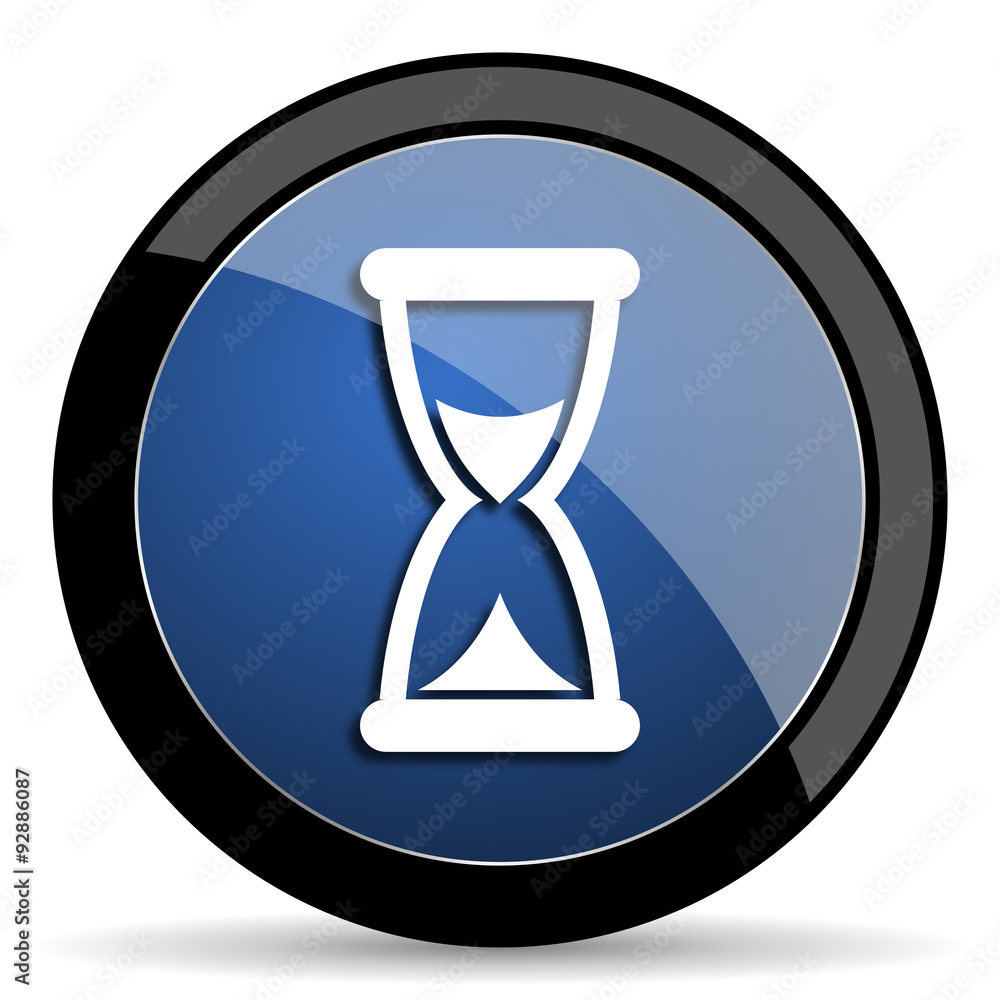Poster time blue circle glossy web icon on white background, round button for internet and mobile app
