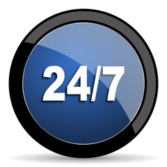 24/7 blue circle glossy web icon on white background, round button for internet and mobile app