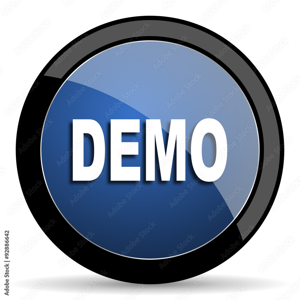 Poster demo blue circle glossy web icon on white background, round button for internet and mobile app