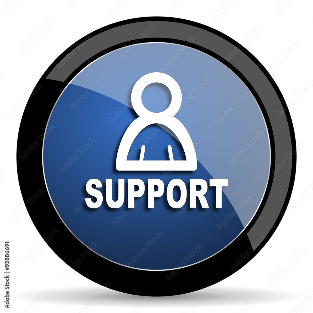 Poster support blue circle glossy web icon on white background, round button for internet and mobile app