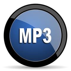 mp3 blue circle glossy web icon on white background, round button for internet and mobile app