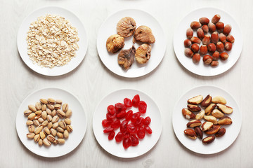 Set of different products on wooden background