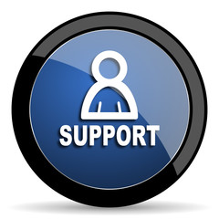 support blue circle glossy web icon on white background, round button for internet and mobile app