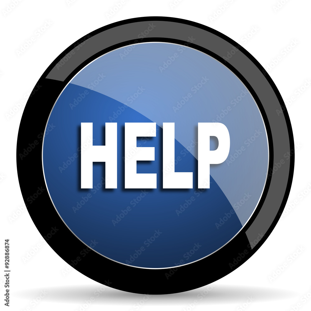 Poster help blue circle glossy web icon on white background, round button for internet and mobile app