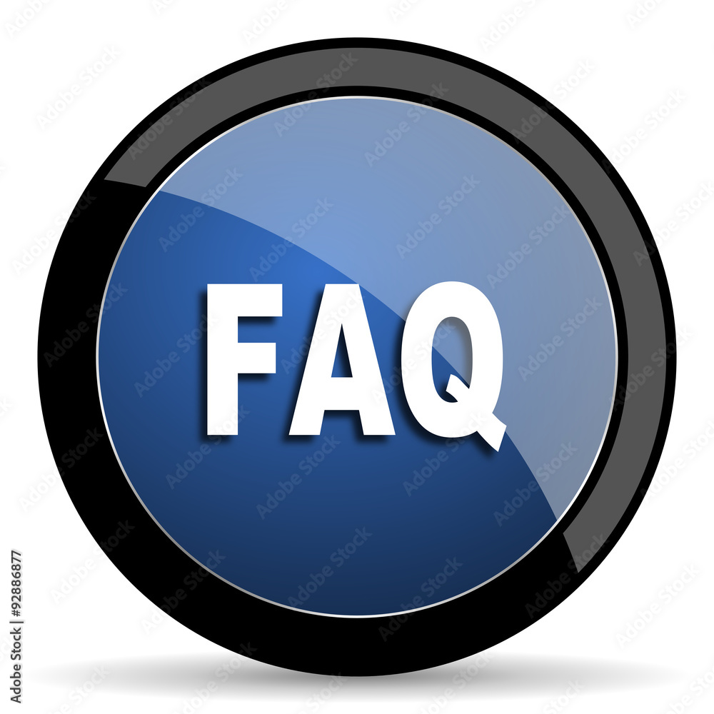 Poster faq blue circle glossy web icon on white background, round button for internet and mobile app