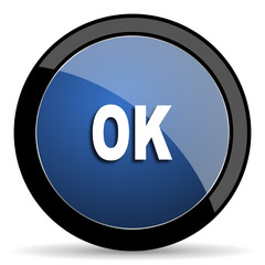 ok blue circle glossy web icon on white background, round button for internet and mobile app