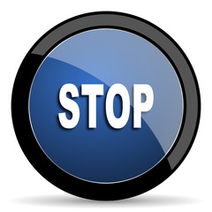 stop blue circle glossy web icon on white background, round button for internet and mobile app