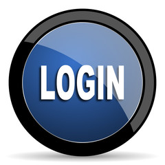 login blue circle glossy web icon on white background, round button for internet and mobile app