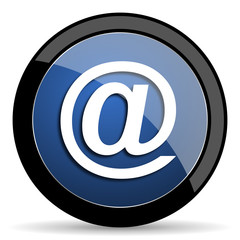 email blue circle glossy web icon on white background, round button for internet and mobile app