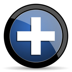 plus blue circle glossy web icon on white background, round button for internet and mobile app
