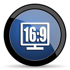 16 9 display blue circle glossy web icon on white background, round button for internet and mobile app