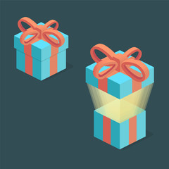 Blue gift box with red ribbon in isometric style.