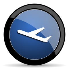 deparures blue circle glossy web icon on white background, round button for internet and mobile app