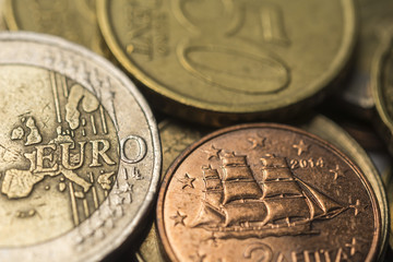 Euro coins, close up, selective focus