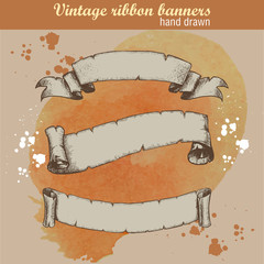 hand drawn old ribbons set banners on watercolor background