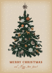 Christmas tree. Vector vintage illustration. Merry Christmas And Happy New Year. Greeting card.