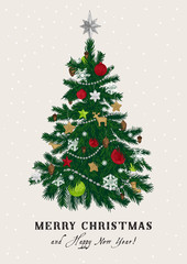 Christmas tree. Vector vintage illustration. Merry Christmas And Happy New Year. Greeting card. Green and red.