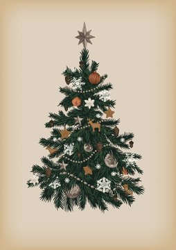 Christmas tree. Vector vintage illustration.