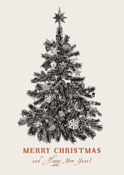Christmas tree. Vector vintage illustration. Black and white. Merry Christmas And Happy New Year. Greeting card.